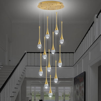 Modern Crystal Staircase Chandelier Gold 12-Lights, H120'' Large High Ceiling Spiral Dimmable LED Raindrop Foyer Entryway Light Fixture Remote Control