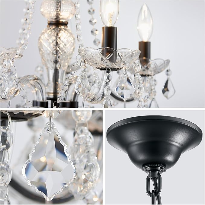 WUZUPS Crystal 5-Light Candle Chandelier Pendant Flushmount Ceiling Light Modern Lighting Fixture for Bedroom Hallway Bar Kitchen Bathroom, H 25" x W 20", Black, E12 Base
