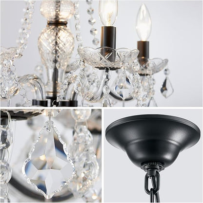 WUZUPS Crystal 5-Light Candle Chandelier Pendant Flushmount Ceiling Light Modern Lighting Fixture for Bedroom Hallway Bar Kitchen Bathroom, H 25" x W 20", Black, E12 Base
