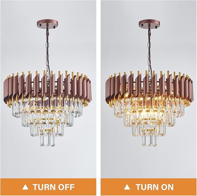 Modern Crystal Chandeliers 4-Tier K9 20" Round Coffee and Gold Crystal Chandelier Light Fixture 7 Lights Hanging Pendant Ceiling Light Fixture for Dining Room Living Room Entryway Foyer