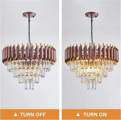 Modern Crystal Chandeliers 4-Tier K9 20" Round Coffee and Gold Crystal Chandelier Light Fixture 7 Lights Hanging Pendant Ceiling Light Fixture for Dining Room Living Room Entryway Foyer