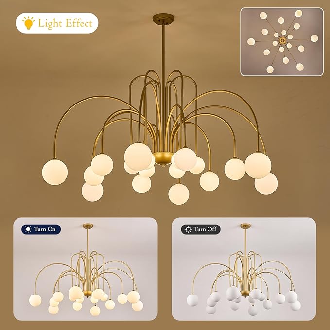 Extra Large Mid Century Sputnik Chandelier L59’’ 18 Lights Modern Gold Milk Glass Globe Ceiling Pendant Light Fixture for Foyer Staircase Living Dining Room High Ceiling
