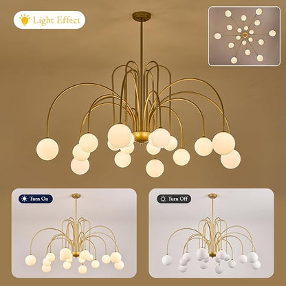 Extra Large Mid Century Sputnik Chandelier L59’’ 18 Lights Modern Gold Milk Glass Globe Ceiling Pendant Light Fixture for Foyer Staircase Living Dining Room High Ceiling