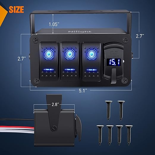 Nilight 3 Gang Rocker Switch Panel Blue Backlit with PD Type C and USB Charger Voltmeter Waterproof 12V 24V DC Rocker Switch with Night Glow Stickers for Car Trucks Boats RVs,2 Years Warranty,Blue/Box