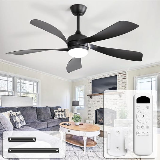 CACI Mall 52 inch Black Ceiling Fans with Lights, Remote Control, Modern, Low Profile, Outdoor Ceiling Fan with 5 Blades, Quiet Reversible DC Motor for Living Room, Bedroom, Patios