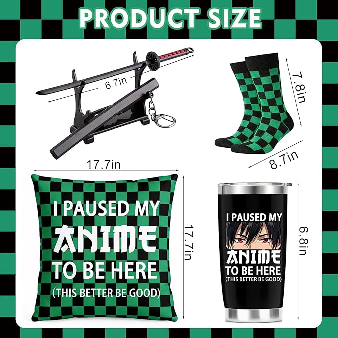 Anime Lover Gift Set Includes 20 Oz Tumbler, Throw Pillow Cover, Socks, Demon Katana Sword, I Paused My Anime To Be Here Gifts Set, Demon Merch Gifts for Boys Girls