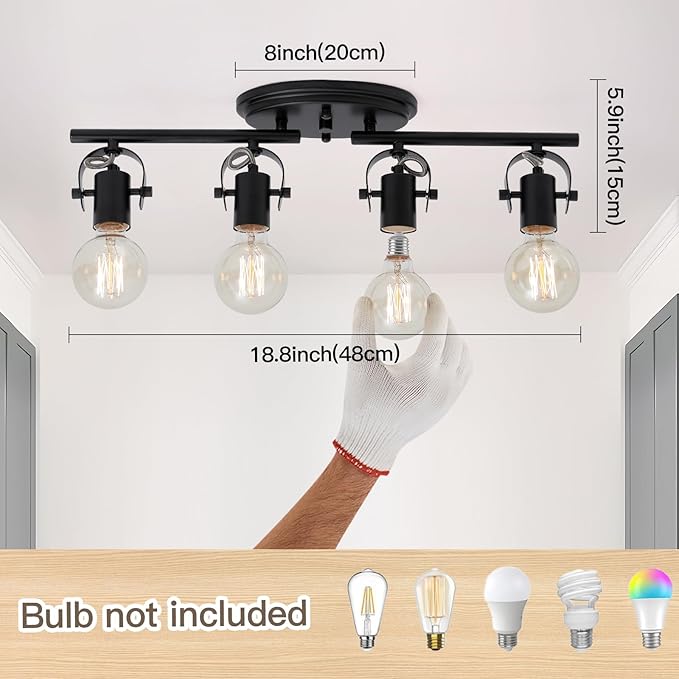 4-Light Track Lighting Fixtures Ceiling, Black Kitchen Track Lighting with Adjustable Light Head,Flush Mount Ceiling Light for Dining Room Living Room Hallway Art Wall Bathroom.