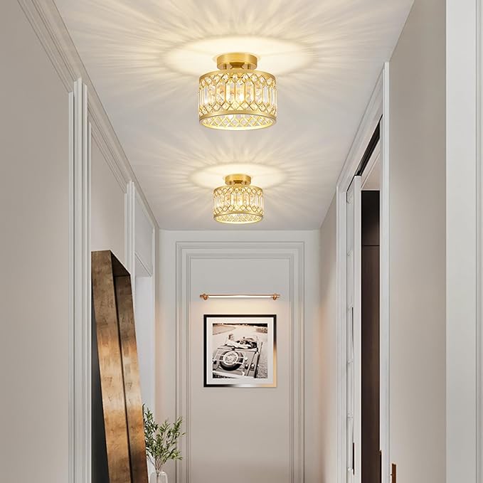 YURNYQ Crystal Ceiling Light Fixture, Modern Semi Flush Mount Ceiling Light, Gold Lighting Fixtures Ceiling Lamp for Hallway, Kitchen, Entryway, Bedroom, Laundry Room, 9.05 Inch