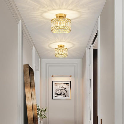 YURNYQ Crystal Ceiling Light Fixture, Modern Semi Flush Mount Ceiling Light, Gold Lighting Fixtures Ceiling Lamp for Hallway, Kitchen, Entryway, Bedroom, Laundry Room, 9.05 Inch