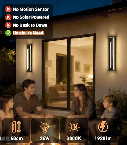 tewei 23.6'' Outdoor Wall Lights Modern Black LED Outdoor Wall Sconce, Large Long Exterior Lighting Fixtures, 3000K Waterproof Front Porch Lights Outside Lights for House, Garage, Indoor, 2 Pack