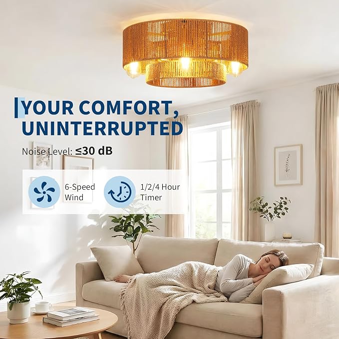 GarveeHome 【Flicker-Free • Hand-Woven Rattan】 20'' Boho Rattan Ceiling Fan with Light and Remote - Flush Mount Caged Ceiling Fan with 6 Speeds for Bedroom, Living Room