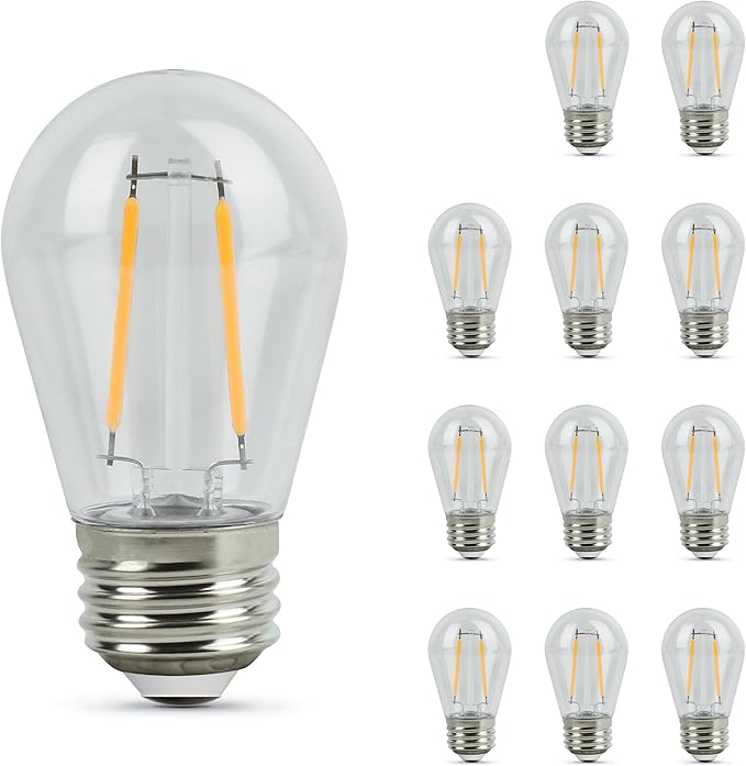 Feit Electric S14 LED Filament Light Bulbs, High Output, 2200K Warm White, 140 Lumens, String Light Replacement Bulbs, 15,000-Hour Lifespan, Clear Durable Housing, S14HO/822/FIL/12, 12 Pack