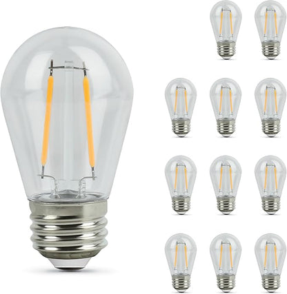 Feit Electric S14 LED Filament Light Bulbs, High Output, 2200K Warm White, 140 Lumens, String Light Replacement Bulbs, 15,000-Hour Lifespan, Clear Durable Housing, S14HO/822/FIL/12, 12 Pack