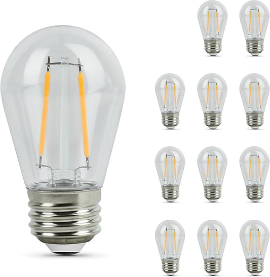 Feit Electric S14 LED Filament Light Bulbs, High Output, 2200K Warm White, 140 Lumens, String Light Replacement Bulbs, 15,000-Hour Lifespan, Clear Durable Housing, S14HO/822/FIL/12, 12 Pack