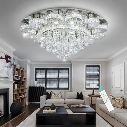 HAIXIANG Modern Chandelier Living Room Light Glam Chandeliers Ceiling Light Fixture Remote Dimmable Lights 40 Inches Luxury Crystal Silver Dining Room Lights