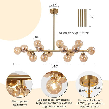 Modern Gold Chandelier Rectangle Pendant Light Ammber Globe Glass Sputnik Chandeliers Hanging Light Fixture 16-Light