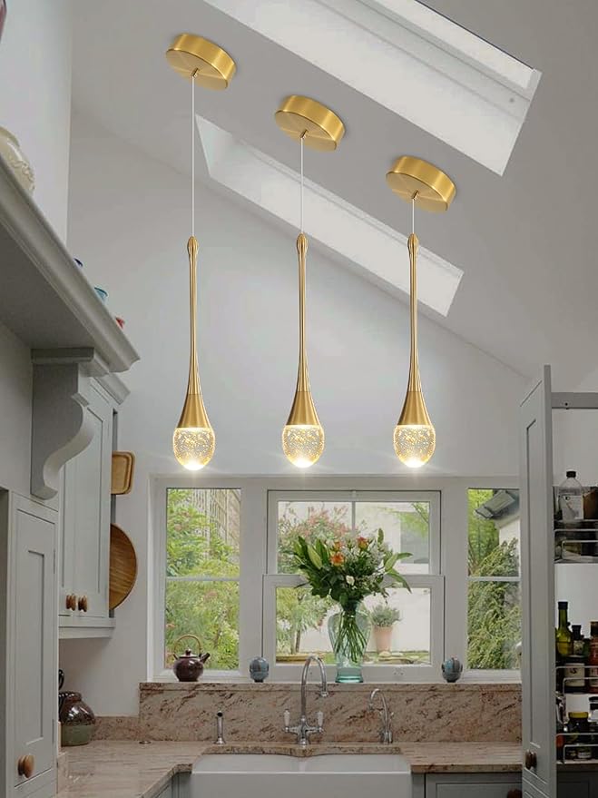 ykolupty Modern Crystal Pendant Light LED Dimmable Crystal Ceiling Pendant Lighting for Kitchen Island Dining Room Hallway Bedroom (Gold 3 Pack)