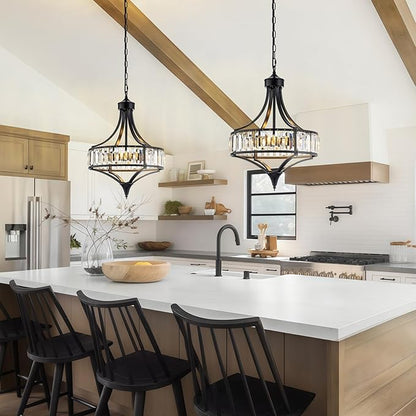 Black Crystal Chandeliers for Dining Room, 15.7" Modern Farmhouse Foyer Chandelier for Entryway, 4-Light Pendant Light Fixtures Over Table for Kitchen Island Bathroom Living Room Bedroom