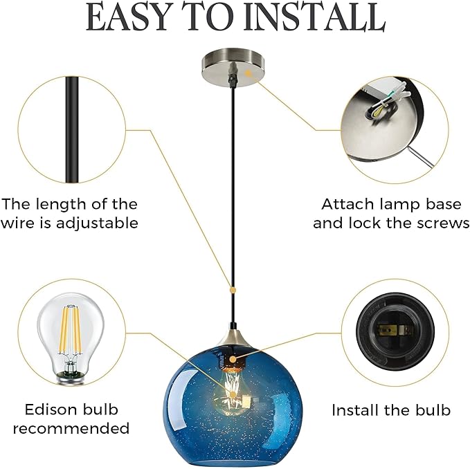 Large Blue Glass Pendant Light for Kitchen Island, Includes 1 Bulb & 4.92FT Adjustable Cord, Modern Pendant Lighting Fixtures for Kitchen, Dining Room, Living Room (9.1in)