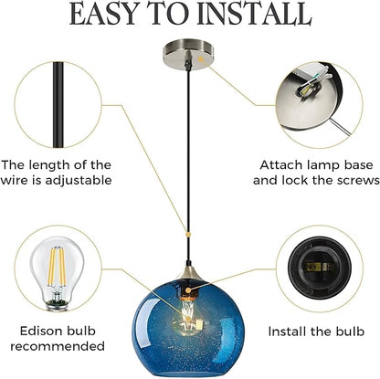 Large Blue Glass Pendant Light for Kitchen Island, Includes 1 Bulb & 4.92FT Adjustable Cord, Modern Pendant Lighting Fixtures for Kitchen, Dining Room, Living Room (9.1in)