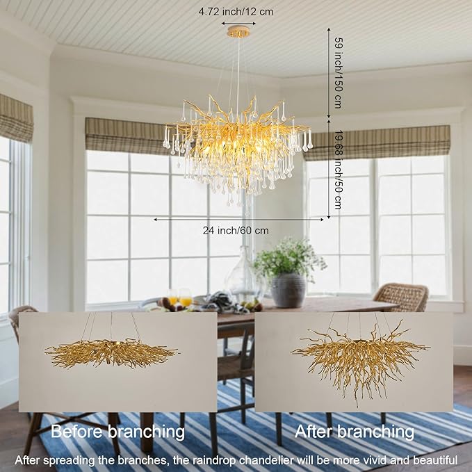 Gold Chandelier 24inch, Modern Crystal Chandeliers for Dining Room, Round Tree Branch Chandelier Ceiling Hanging Light Fixtures for Living Room,Bedrooms,Kitchen 8-Light