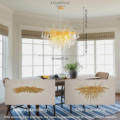 Gold Chandelier 24inch, Modern Crystal Chandeliers for Dining Room, Round Tree Branch Chandelier Ceiling Hanging Light Fixtures for Living Room,Bedrooms,Kitchen 8-Light