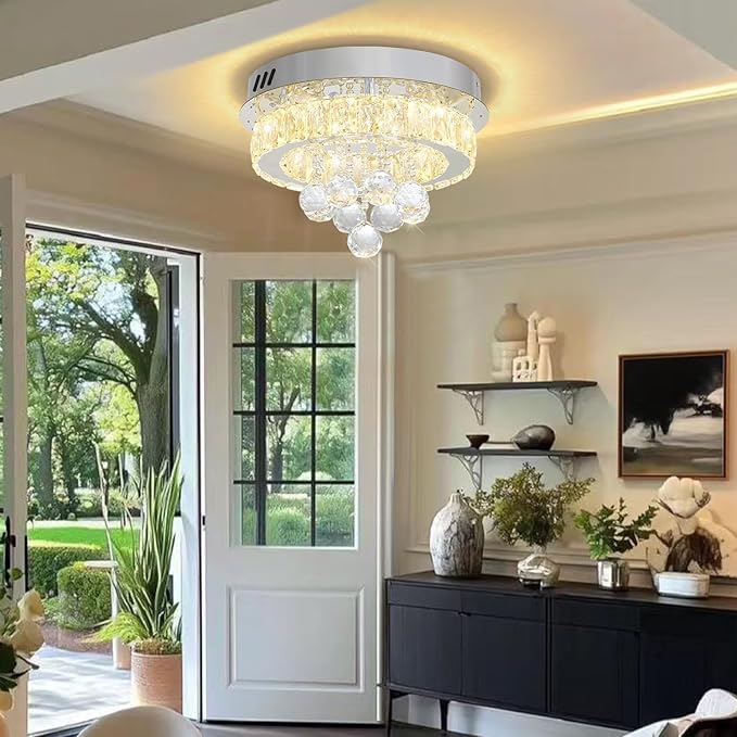 Dia 12" Mini Chandelier Flush Mount Chandelier for Hallway, Crystal Ceiling Chandeliers for Dining Room, Bedroom, Living Room, Entryway, Kitchen (Chrome Ceiling Light Fixture)