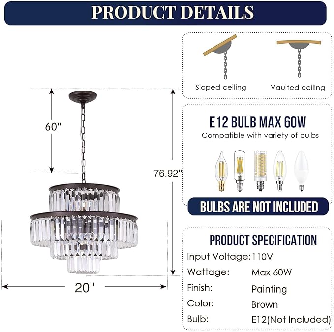 Crystal Chandelier Pendant Light Fixture 7-Light 4-Tier Brown Chandeliers for Dining Room, Bedroom, Entryway, Living Room