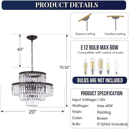 Crystal Chandelier Pendant Light Fixture 7-Light 4-Tier Brown Chandeliers for Dining Room, Bedroom, Entryway, Living Room