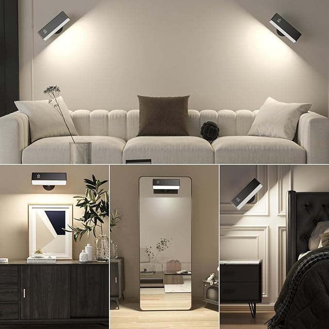 Honalia Adhesive Wall Lights for Bedroom 2 Pack, Rechargeable Wall Lights with Magnetic & Dimmable, 360 Rotation Cordless Wall Sconce, Peel and Stick Lights for Wall Bedside, Reading
