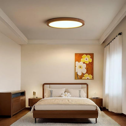 Ultra-Thin LED Ceiling Light Fixture 20.47", Handcrafted Walnut Wood Modern Wabi-Sabi Style, Slim 2.5cm Profile, 37W LED 3000K-4000K-6000K, Round Minimalist Lamp for Bedroom Kitchen Hallway