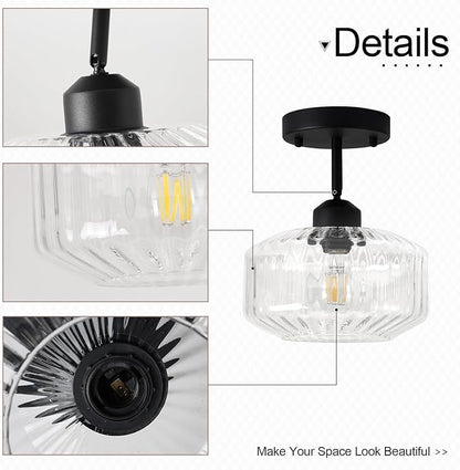 TeHenoo Modern Sloped Ceiling Light, Ribbed Clear Glass Flush Mount for Entryway, Hallway,Vaulted Ceiling,Matte Black