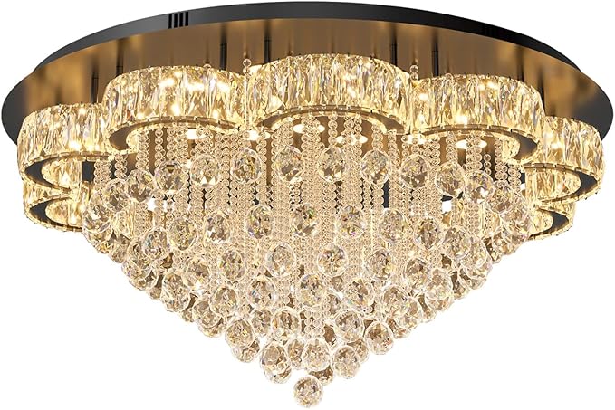 Flashing God 40inches Modern Crystal Chandelier for Living Room Round Ceiling Pendant Light Fixtures Luxury Flush Mount Chandelier for Entry Dining Room Bedroom