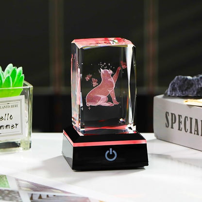 YWHL 3D Crystal Cat and Butterfly Figurine with Colorful Light Base, Laser Engraved Cat Gifts for Women Men on Birthday Christmas, Animal Figurine Collection for Home Decor