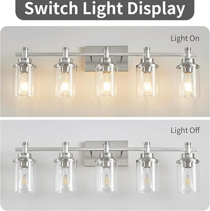 5 Lights Bathroom Light Fixtures, Brushed Nickel Vanity Light with Clear Glass Shade,Modern Wall Sconce for Mirror Bedroom Hallway Farmhouse Kitchen