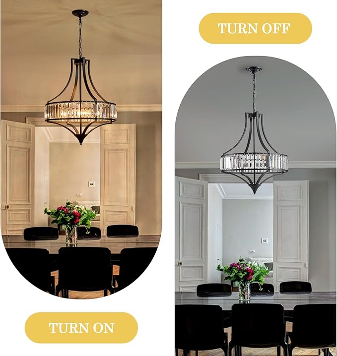 Black Crystal Dining Room Light Fixtures Over Table, Modern Farmhouse Chandelier Light Fixture, Round Large Hanging Light for Living Room Kitchen Hallway Bedroom Foyer, 21.6 Inch, 6-Light