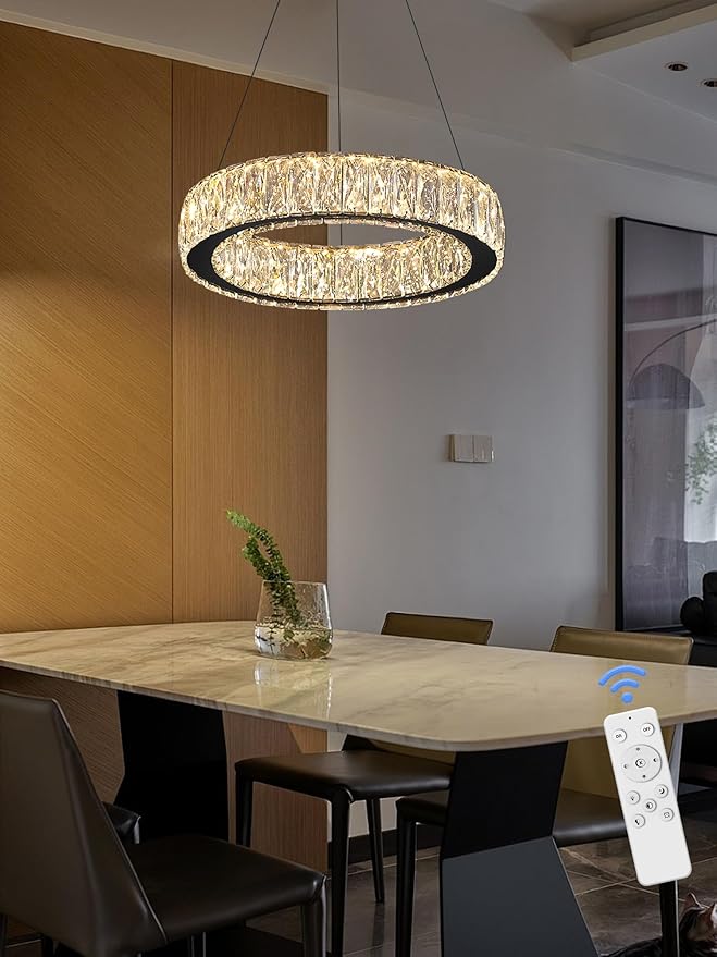 Modern LED Dimmable Crystal Chandelier 15.7in Black Ring Pendant Light Adjustable Round Crystal Chandelier Light for Dining Room Living Room
