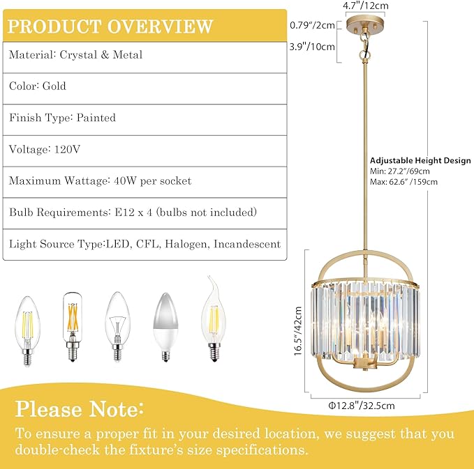 4-Light Modern Small Crystal Chandelier Mini Gold Pendant Lighting 12.8" Crystal Lamp for Closet Bedroom Foyer Dining Room Hanging Ceiling Light Fixture
