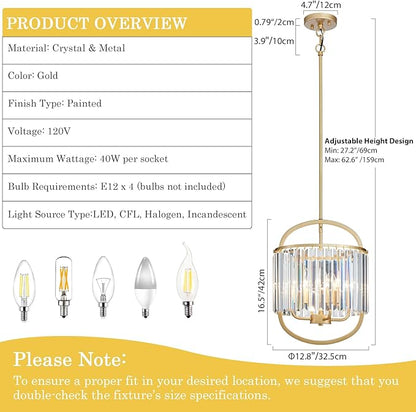 4-Light Modern Small Crystal Chandelier Mini Gold Pendant Lighting 12.8" Crystal Lamp for Closet Bedroom Foyer Dining Room Hanging Ceiling Light Fixture