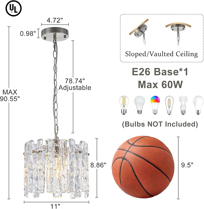 11" Handmade Ice Melt Glass Pendant Lights Kitchen Island Brushed Nickel Crystal Chandelier Modern Hanging Pendant Light Fixtures for Dining Room Foyer Entryway Living Room Bedroom Bar Cafe Restaurant