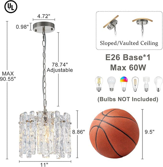 11" Handmade Ice Melt Glass Pendant Lights Kitchen Island Brushed Nickel Crystal Chandelier Modern Hanging Pendant Light Fixtures for Dining Room Foyer Entryway Living Room Bedroom Bar Cafe Restaurant