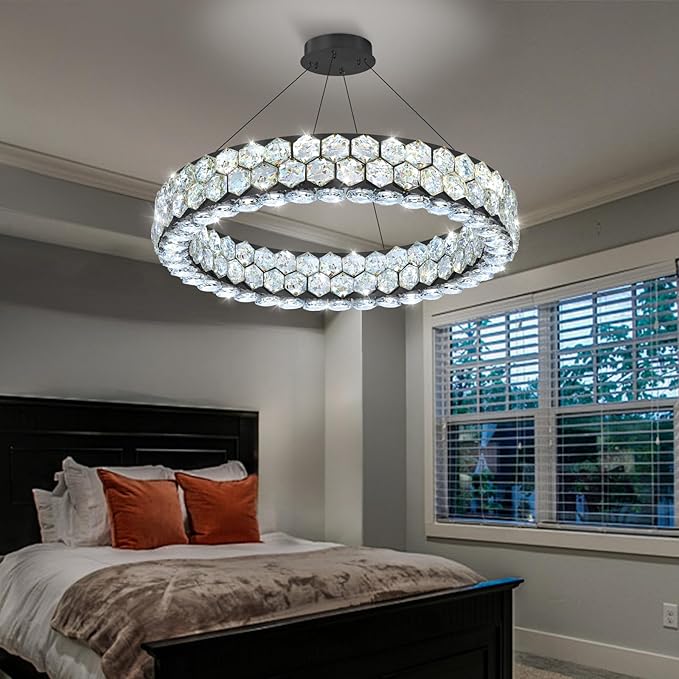 Modern Ring Chandelier, Crystal Chandeliers for Dining Room Round LED Ceiling Light Fixture for Living Room Bedroom Lighting Dimmable with Remote Black