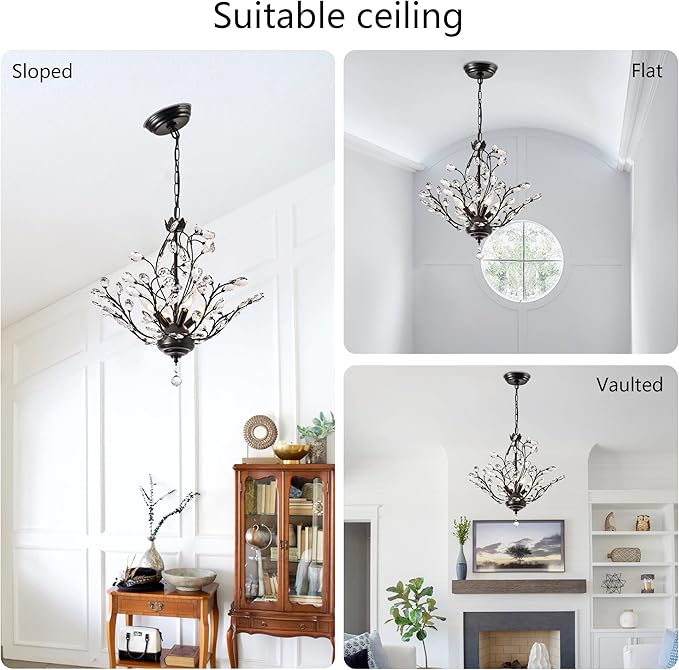 Maxax 18" Black Crystal Chandelier, 4-Light Vintage Branch Pendant Light Fixture, Modern K9 Raindrop Ceiling Light with Adjustable Chain for Dining Room Bedroom Foyer, E12 Base