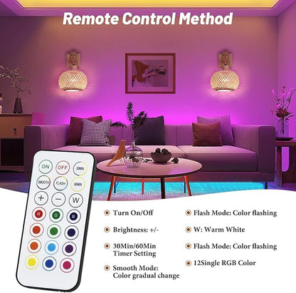 Boho Battery Operated Wall Sconce Set of Two, Rechargeable Wall Sconces with Remote,Wireless Sconces Set of 2 for Bedroom,Living Room,Entryway RGB 15 Colors Dimmable-Bright Wood