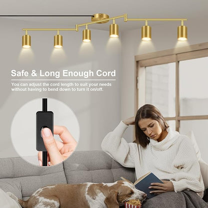 Plug in Track Lighting, LED Track Lighting Fixtures Ceiling, Gold 6-Light Kitchen Light Kit, Plug in Wall Light with 14.8ft Power Cord, Rotatable Ceiling Spotlight for Bedroom(GU10 Socket, NO Bulb)