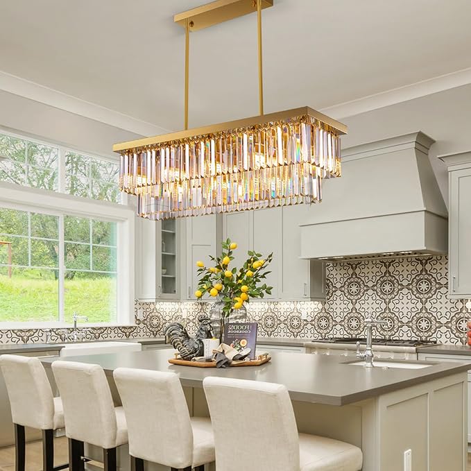 Siljoy 10-Light Rectangle Gold Crystal Chandelier for Dining Room Modern Rectangular 2 Tiers Crystal Raindrop Chandelier Linear Pendant Ceiling Light Fixture for Kitchen Island L40'' x W10'' x H10''