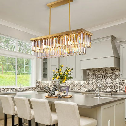 Siljoy 10-Light Rectangle Gold Crystal Chandelier for Dining Room Modern Rectangular 2 Tiers Crystal Raindrop Chandelier Linear Pendant Ceiling Light Fixture for Kitchen Island L40'' x W10'' x H10''