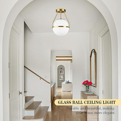 Bagood 10" Modern Semi Flush Mount Ceiling Light Fixture Mid Century Ceiling Light Globe Ceiling Light Fixture with Milk Glass Shade Brass Finish for Kitchen Island Hallway Living Room (Bulb Incl.)