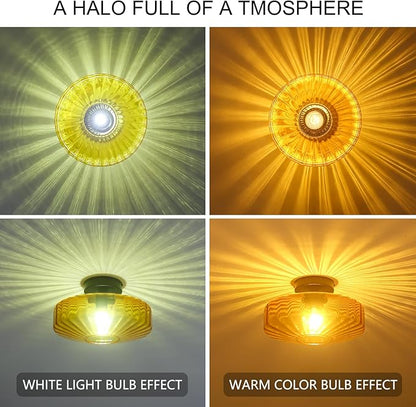 Semi Flush Mount Ceiling Light, 11.8" Mid Century Modern Close to Ceiling Light Fixtures with Amber Glass Shade, 1-Light Vintage Drum Lights for Bedroom Kitchen Entryway Hallway Porch Foyer