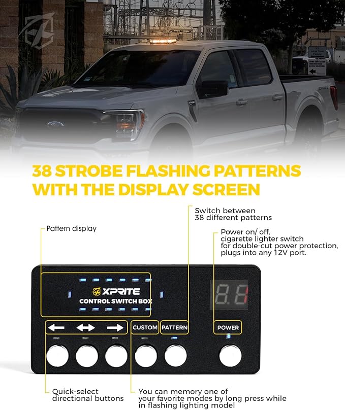 Xprite White Amber Rooftop Emergency Strobe Light Bar, Beacon Safety Flashing Warnin Lights w/Control Panel Magnetic Base for Construction Trucks Plows Postal Security Cars